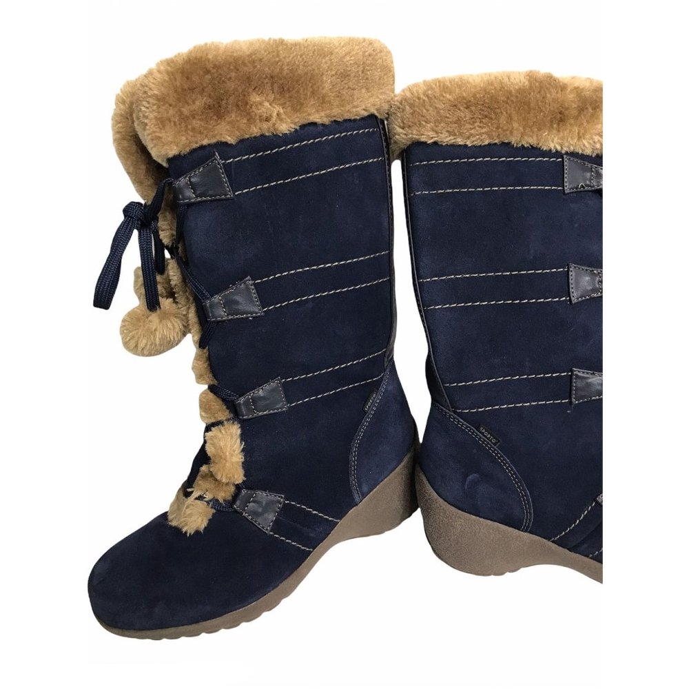 Sporto Waterproof Suede Fur Trim Tall Boots 6.5 Pom Pom Lace Up - Picture 9 of 12